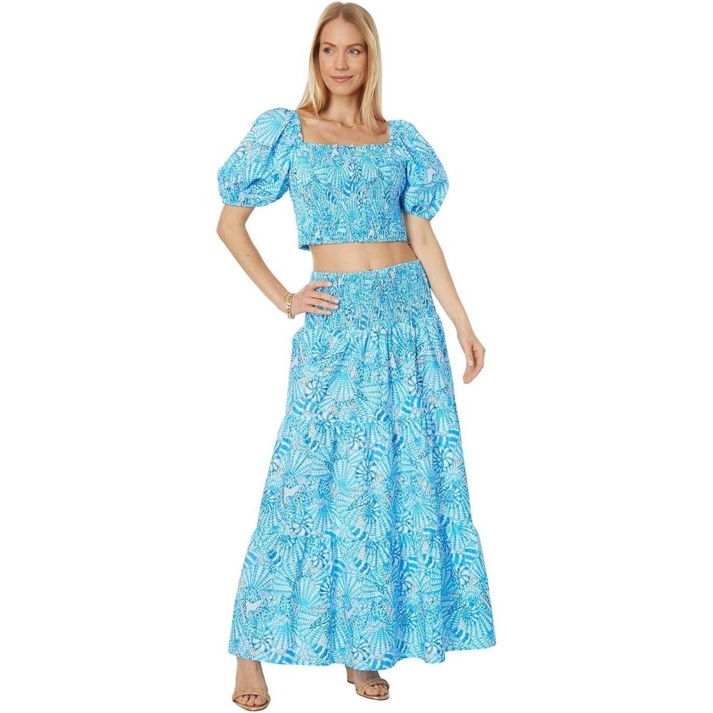 Lilly Pulitzer Aston Maxi Skirt Set Size XL Amalfi Blue By The Seashore Smocked
